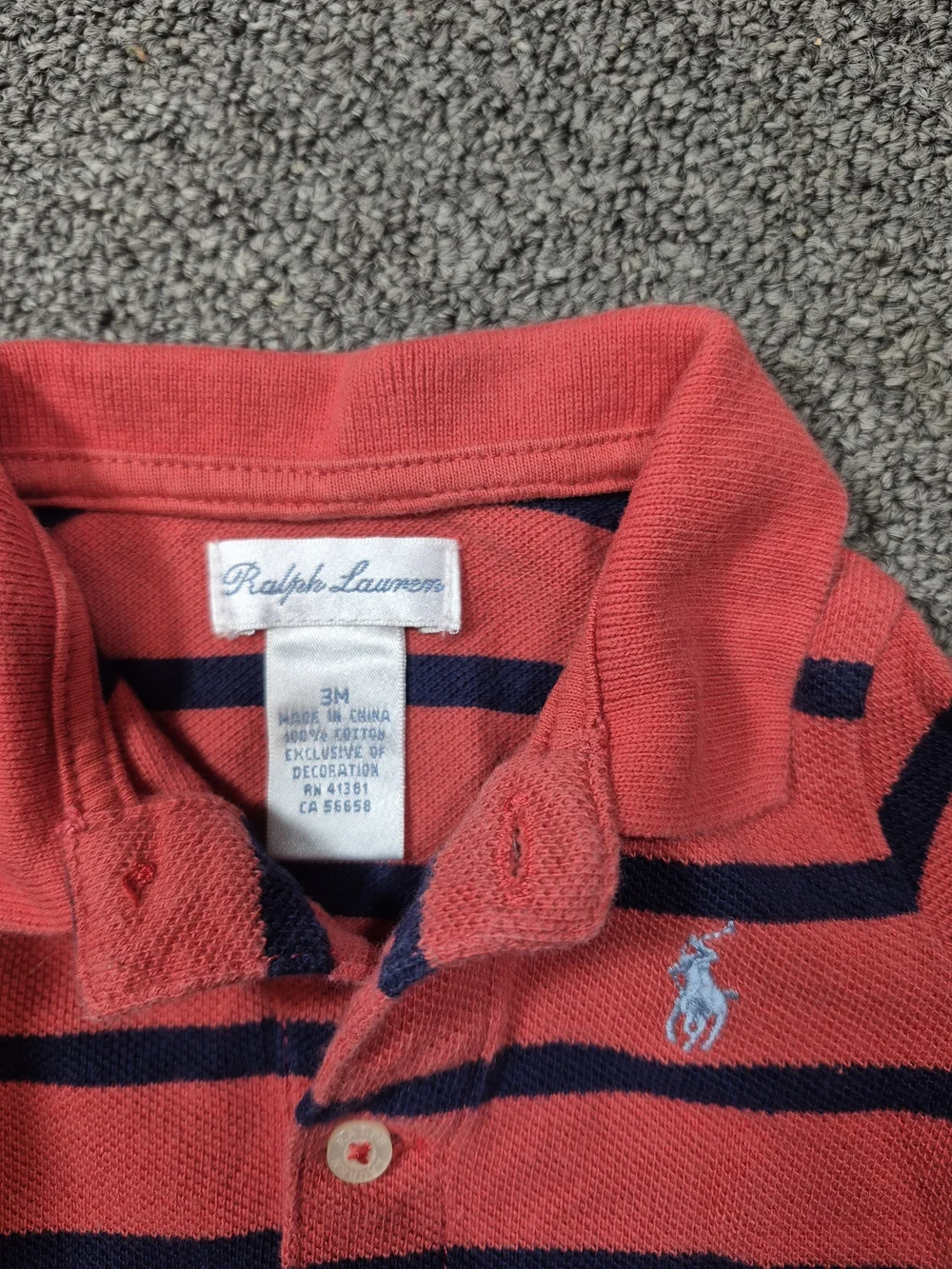 Ralph Lauren Baby Boy 3M Coral Navy Striped Long Sleeve Polo Romper One Piece